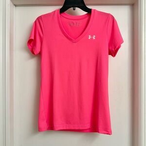 Under Armor Heatgear Bright Pink Loose V-Neck Tee Gym Workout Size Small